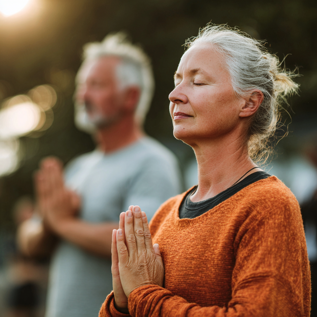 Middle-aged adults practicing mindful movement exercises outdoors