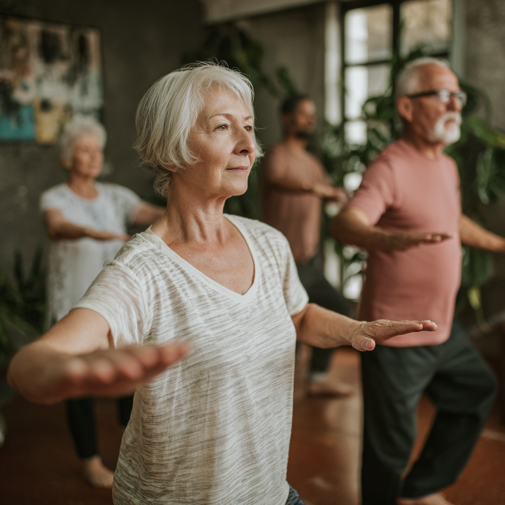 Older adults engaging in balance and flexibility training in a calm environment